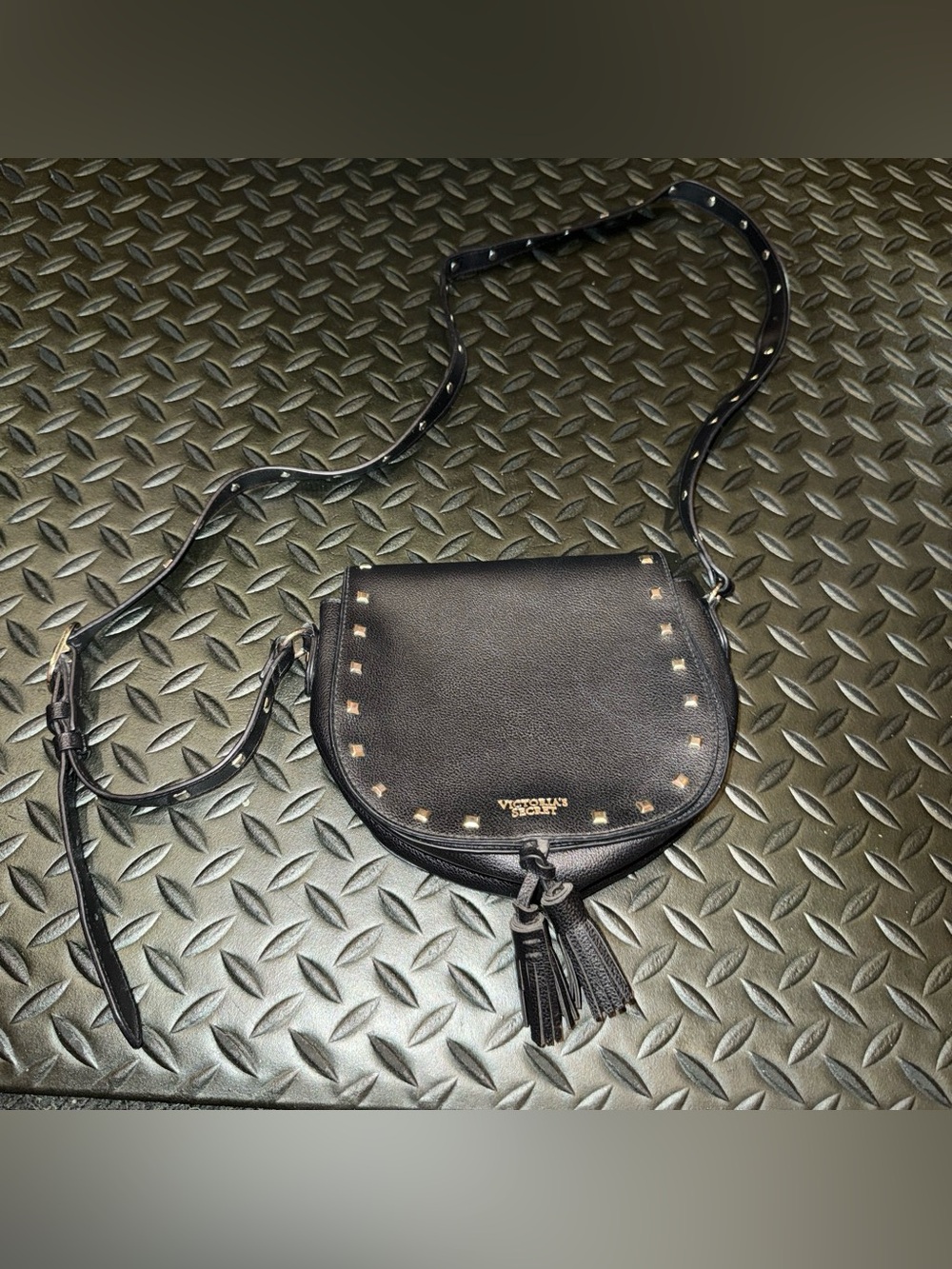 Victoria's Secret Black Studded Saddle Crossbody with Tassel